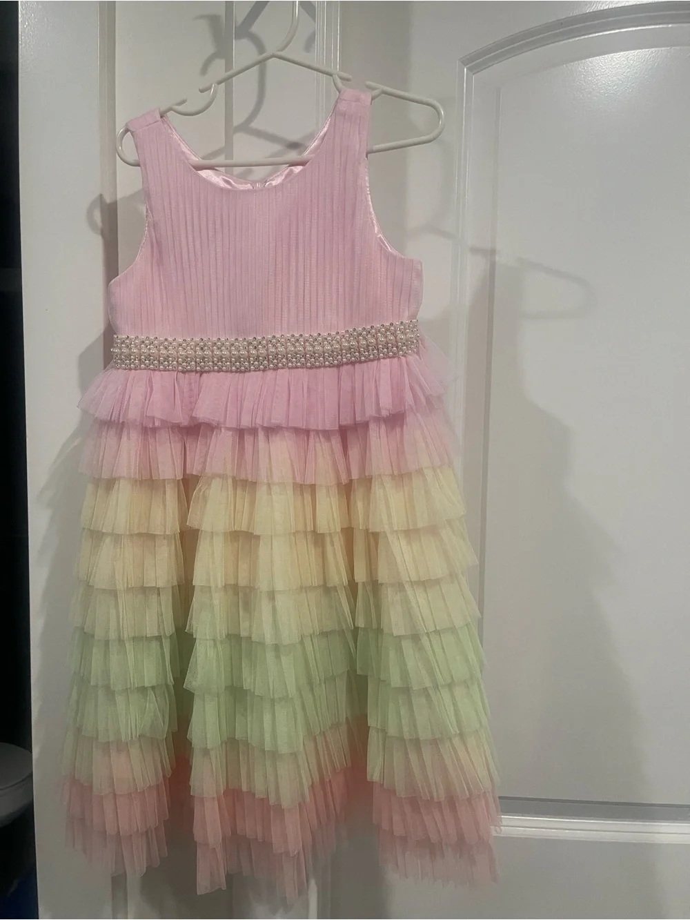 Pastel Tiered Tulle Dress with Pearl Waistband - Pink, Yellow, Green